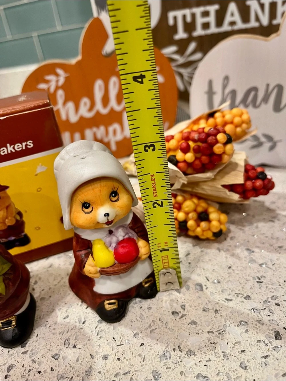 Give Thanks Wooden Fall Sign with Pumpkin Trio. Includes Ceramic S & P Shakers